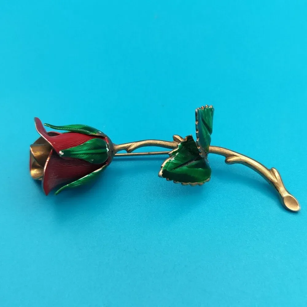 Vintage Rose Brooch Pin Red & Green Enamel Gold Tone Flower Jewelry